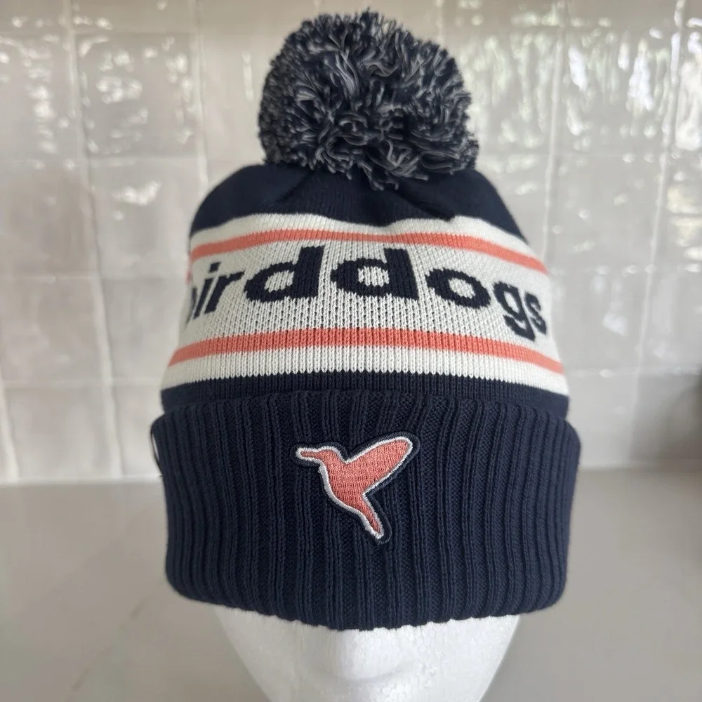 Bird Dogs Knit Hat Beanie Pom-Pom Unisex One Size Navy Pink Spell‎ Out Logo